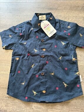 Diganta Navy Short-Sleeve Button-Down Shirt with Dinosaur & Red Dot Print